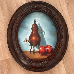 VINTAGE Oil On Canvas Still Life Painting Oval Curved Wood Frame 27.5” X 24”‎